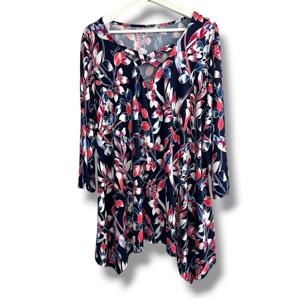 Avenue‎ Womens Plus Size 18/20 Floral Lattice Neck Tunic Navy Red Sharkbite Hem